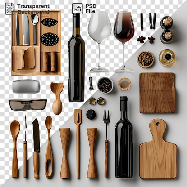 Psd wine tasting essentials set up on a transparent background with a variety of glasses and utensils including a silver fork black knife and wood spoon as well as a