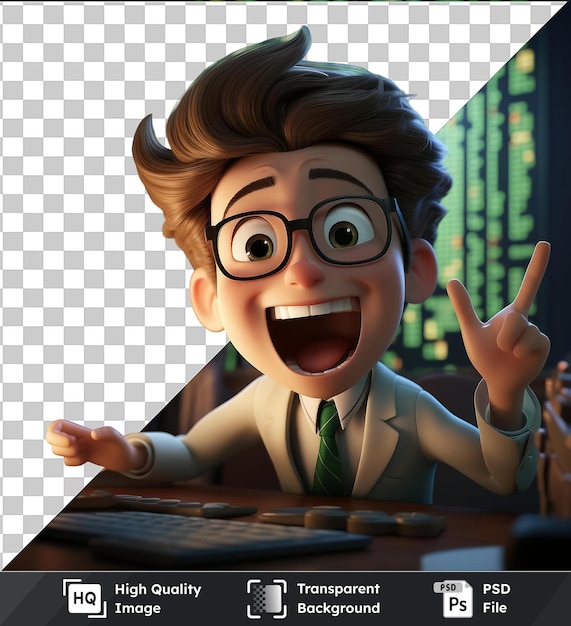 PSD psd with transparent 3d stock trader cartoon analyzing stock market charts a man with brown hair black glasses and a green tie sits at a brown wooden table with a black keyboard in front