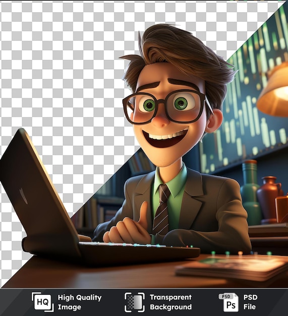 PSD psd with transparent 3d stock trader cartoon analyzing stock market charts a smiling man in a green shirt and black tie sits at a brown wooden table with an open laptop while a lamp ill