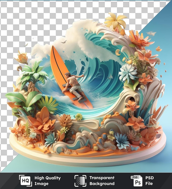 Psd with transparent 3d surfer cartoon riding the waves at a tropical beach