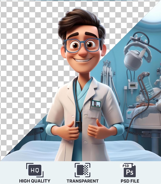 PSD psd with transparent 3d surgeon cartoon performing a lifesaving operation