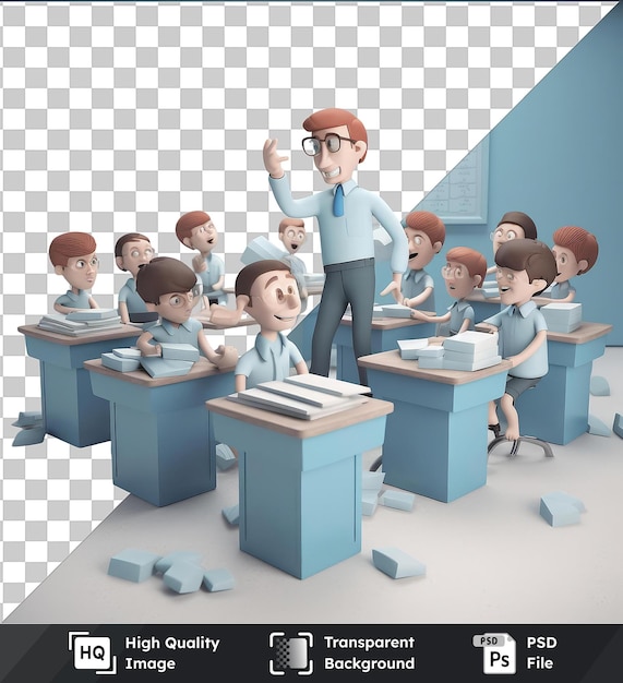 PSD psd with transparent 3d teacher cartoon educating eager students in a classroom 3d