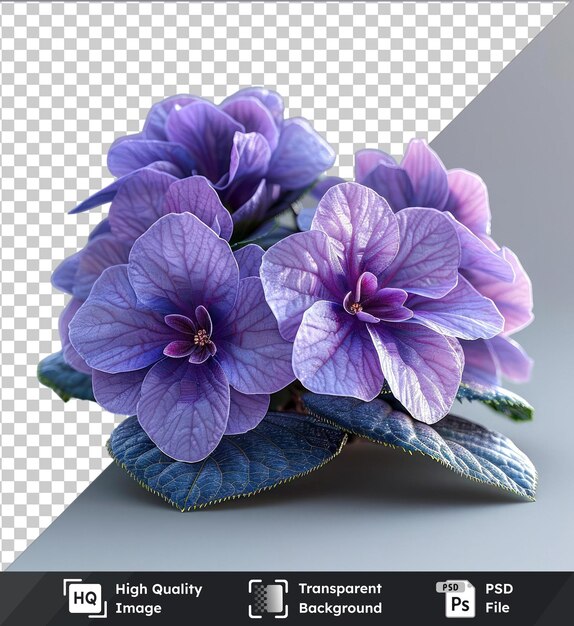 PSD psd with transparent african violet clipart on gray background with dark shadow