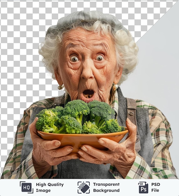 Psd with transparent an aged woman is about to eat a vegetarian dish funny old woman on a broccoli diet healthy eating concept