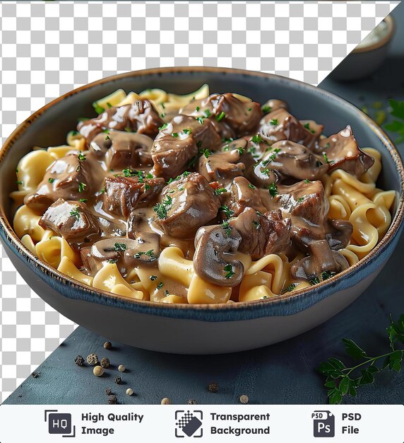 PSD psd with transparent beef stroganoff in a blue bowl