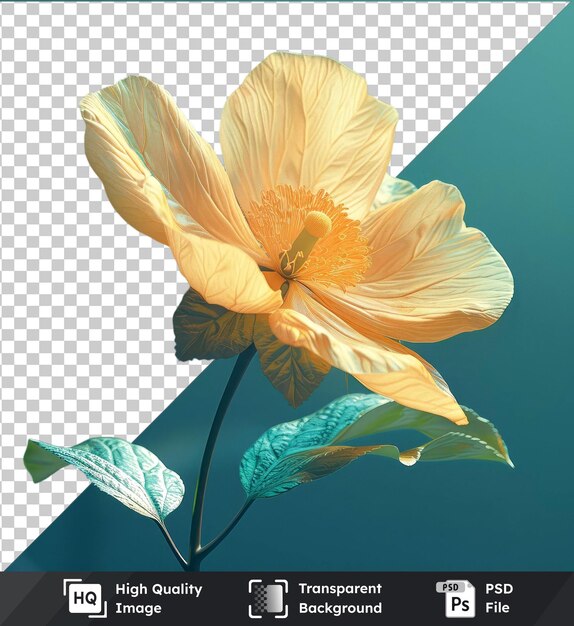 PSD psd with transparent buttercup png clipart of a yellow flower and green leaf on a blue background