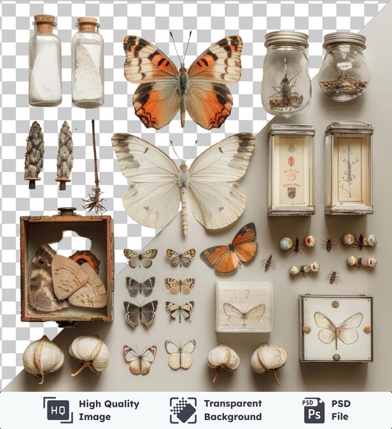 색 벽에 설치된 투명한 나비 수집 및 보존