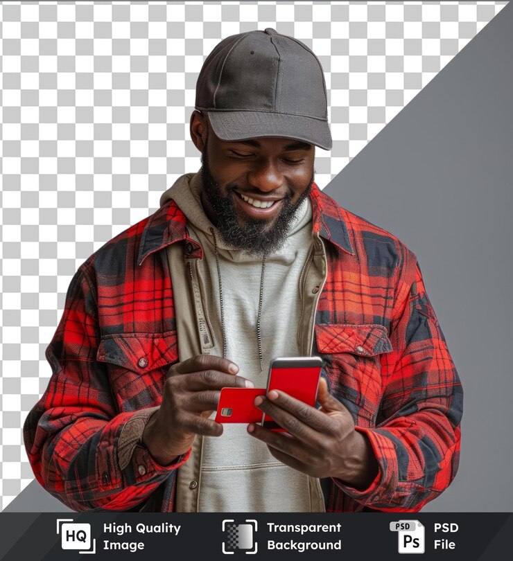 PSD psd with transparent cheerful black man in trendy outfit with cap worn backward smiling and tinkering smartphone while looking at red card