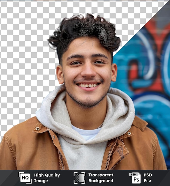 PSD psd with transparent cheerful young man in hoodie standing in front of graffiti