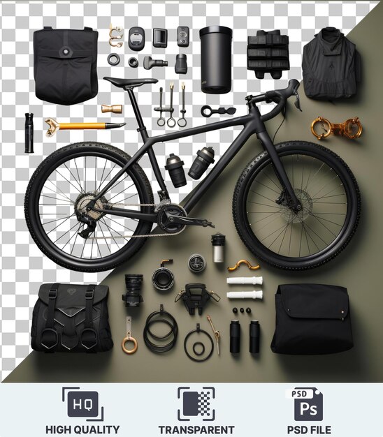 PSD psd with transparent custom high end bicycle and accessories set a black bag silver and gold scissors and black seat