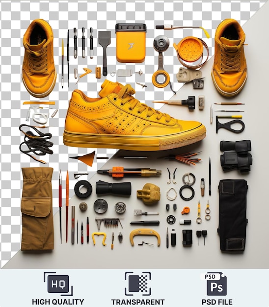 PSD psd с прозрачными специальными инструментами для рисования кроссовки установить желтую обувь черные ножницы и черную ручку на прозрачном фоне