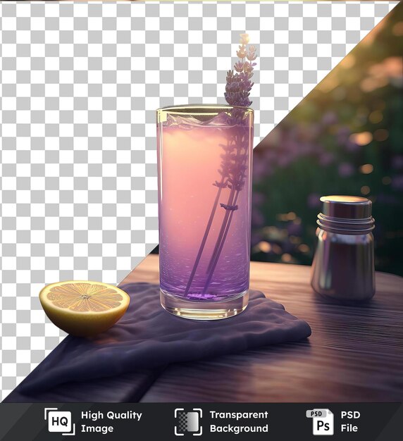 PSD psd with transparent delicate lavender lemonade in a tall glass on a wooden table