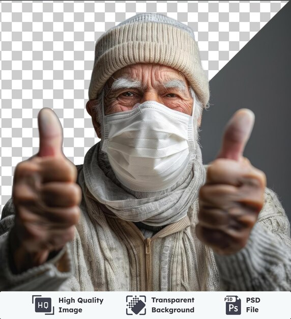 Psd with transparent elderly man wearing face mask showing thumbs up sign