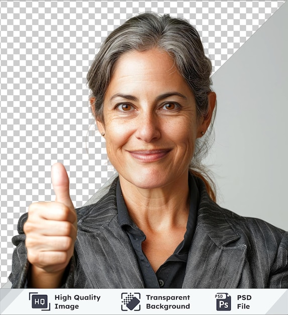PSD psd with transparent executive giving thumbs up while wearing a gray and black jacket black shirt and brown hair with a smiling woman and small ear visible in the background