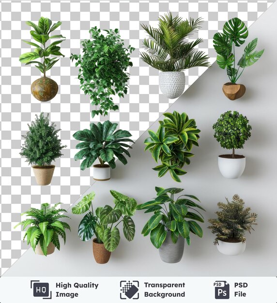 PSD psd con set trasparente di collezione di piante esotiche da interno con piante verdi in vasi marroni e bianchi esposti contro una parete bianca