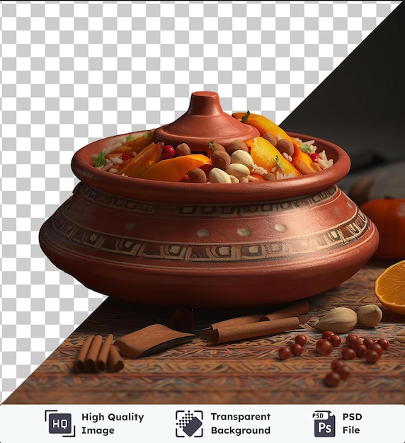 PSD psd with transparent flavorful moroccan tagine and oranges on a table