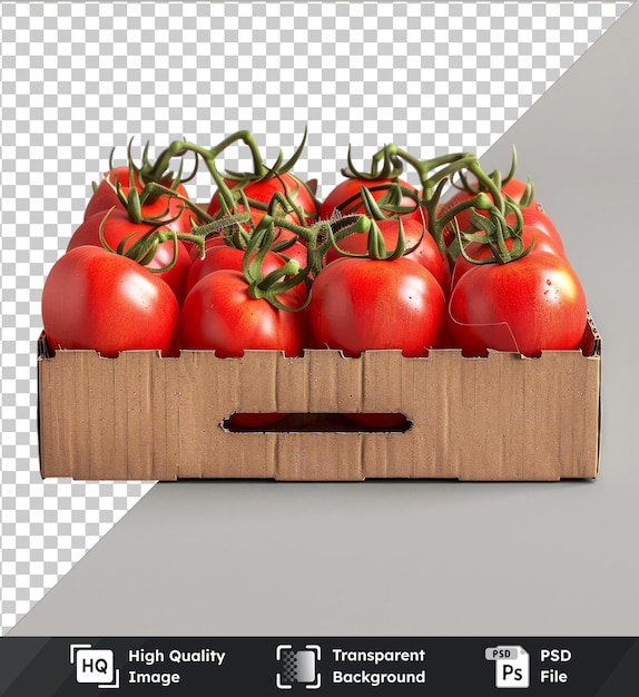 PSD psd with transparent fresh tomatoes in recyclable cardboard box mockup