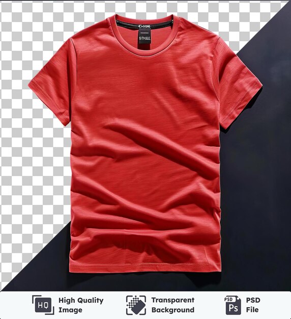 PSD psd with transparent front view capture a premium t shirt red cotton material fabric label brand name brand name product description product description product description product