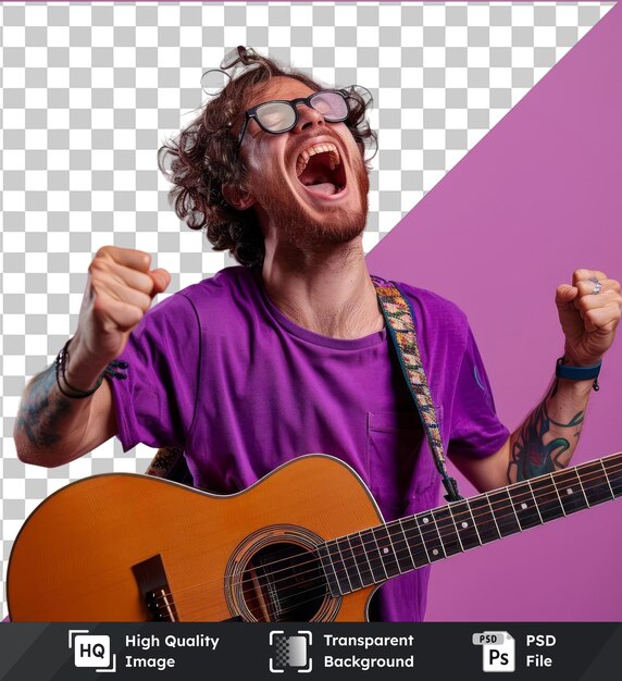 Psd with transparent full body singer excited happy young man he wears purple t shirt jump high pov playing guitar do hand gesture studio portrait lifestreet