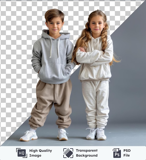 PSD スポーツウェアを着た可愛い笑顔の男の子と女の子が一緒に立っている透明な全長のpsd 灰色の子供のスポーツコンセプトに隔離されています
