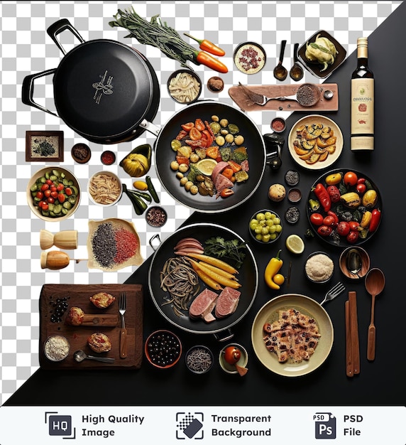 PSD スペイン料理セット - 黒いテーブルに様々な皿と器具を備えた透明なグルメ料理セットセットには白い鉢黒い鍋木製のスプーンが含まれています