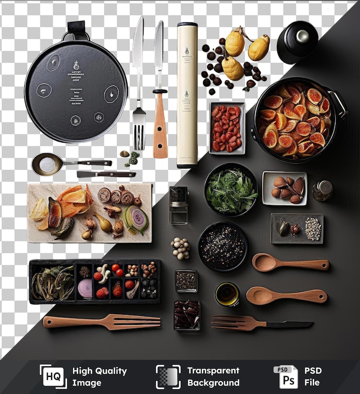 PSD psd with transparent gourmet spanish cooking set featuring a black pot wood spatula silver knife and wood spoon