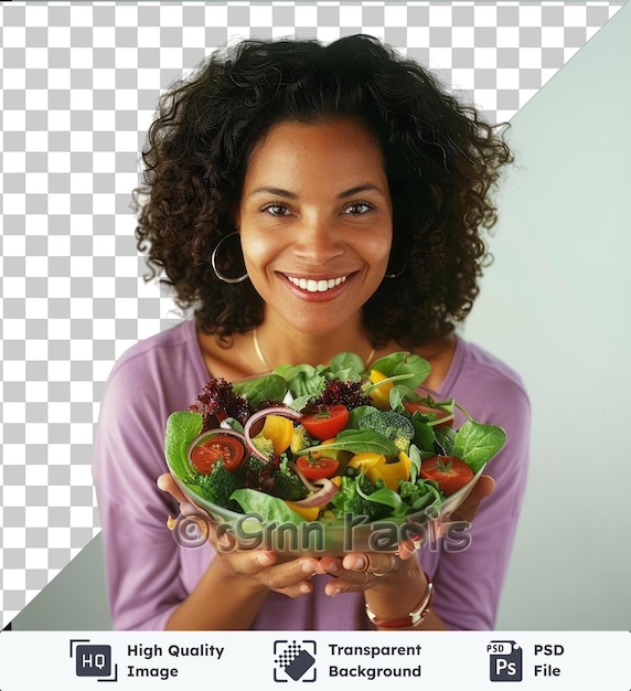 Psd with transparent healthy lifestyle woman with a bowl of mixed salad