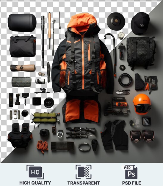 PSD psd with transparent high end fishing and outdoor gear set featuring an orange helmet black gun and orange and black jacket