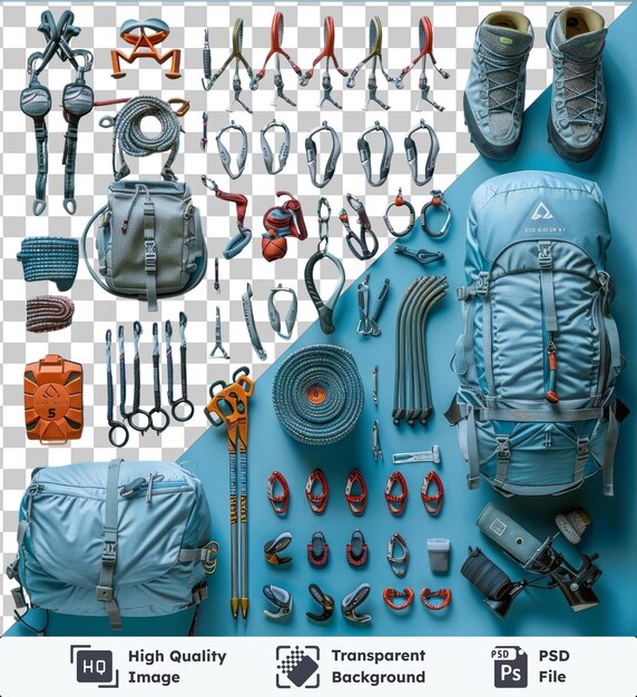 PSD psd with transparent high performance rock climbing gear set on a blue background