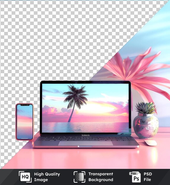PSD 투명한 최신 노트북 및 스마트폰 모형으로 분홍색 테이블, 분홍색 꽃 및 파란 하늘