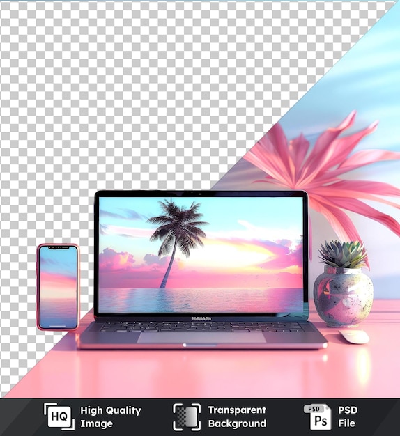 PSD psd con trasparente ultimo laptop e smartphone mockup su tavolo rosa fiori rosa e cielo blu