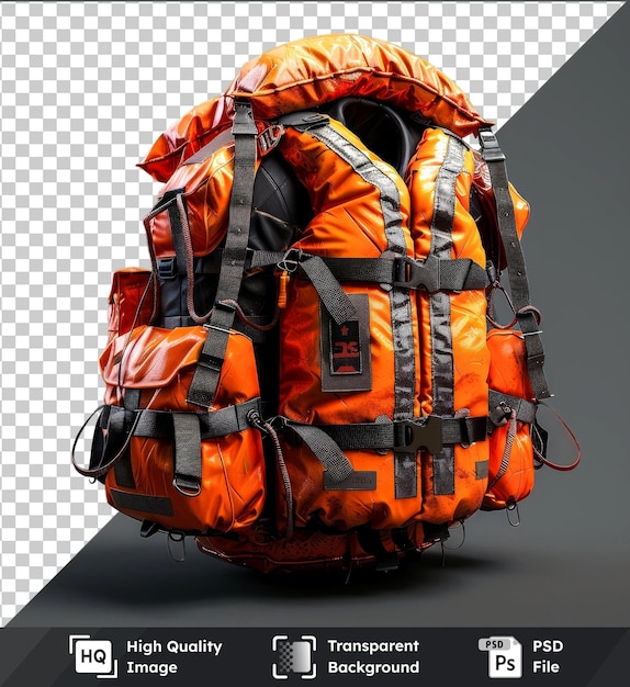 PSD psd with transparent life saving equipment life jackets backpacks and other items on a gray background