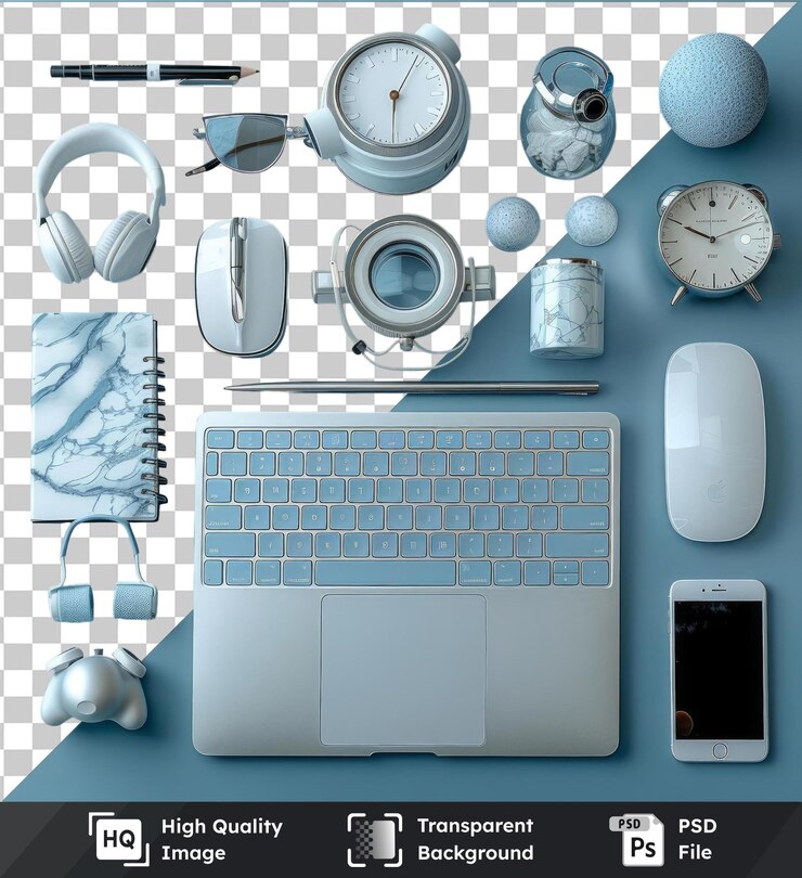 PSD psd with transparent luxury home office decor and gadgets set up on a blue table