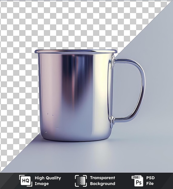 Psd with transparent measuring cup a shiny silver cup with a glass handle sits on a transparent background against a white wall casting a dark shadow