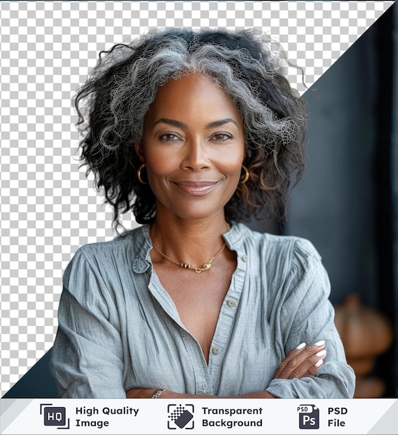 PSD psd with transparent middle aged african american woman smiling happily and standing with her arms crossed