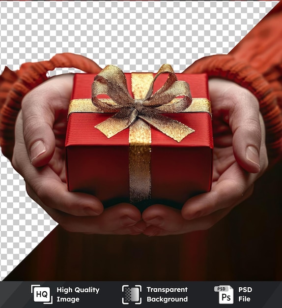 PSD psd con un modello trasparente di un uomo con le mani che tiene una scatola regalo rossa con un nastro d'oro