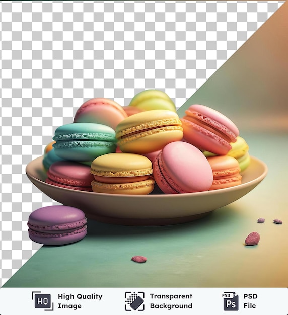 Psd with transparent platter of assorted macarons and cookies on a green table