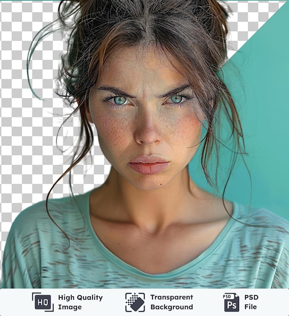 Psd with transparent portrait of an angry young casual woman with brown hair blue eyes and a small nose wearing a blue shirt