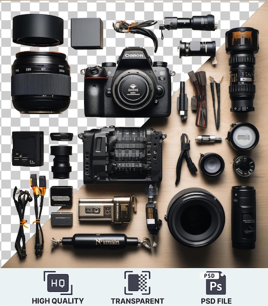 PSD psd with transparent professional landscape photography gear set a black camera a black pen and a black and silver camera