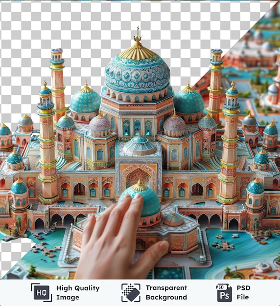 Psd with transparent ramadan themed puzzle mat featuring a blue building and tower and a hand holding the puzzle
