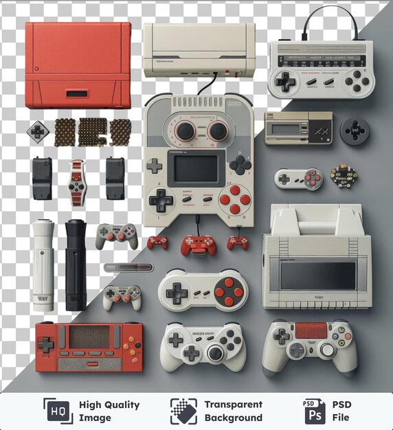 PSD psd with transparent retro video game collection set on a gray and transparent background featuring a gray and white controller a white controller and a red controller