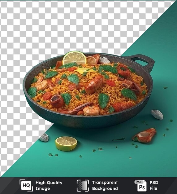 Psd with transparent seafood paella on a green background