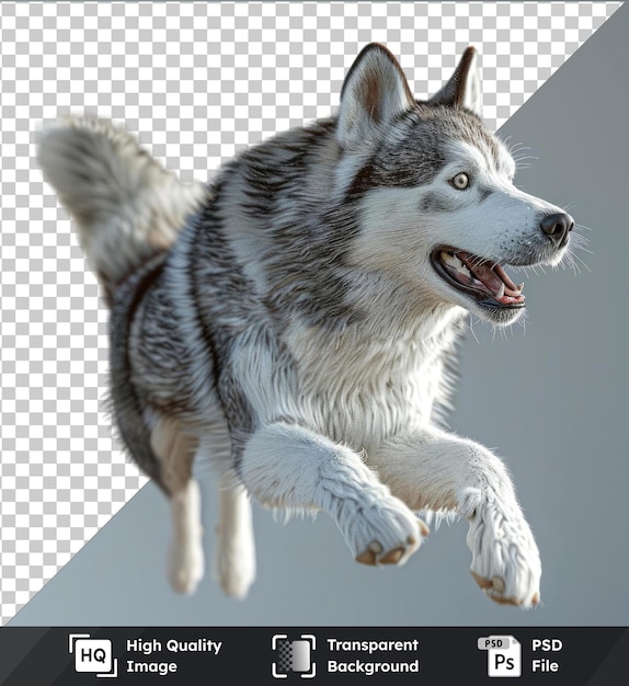 Psd with transparent siberian husky jumping in the air
