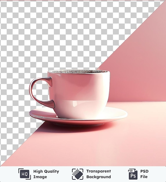 Psd with transparent steaming cup of coffee on a pink table against a pink wall with a dark shadow in the foreground