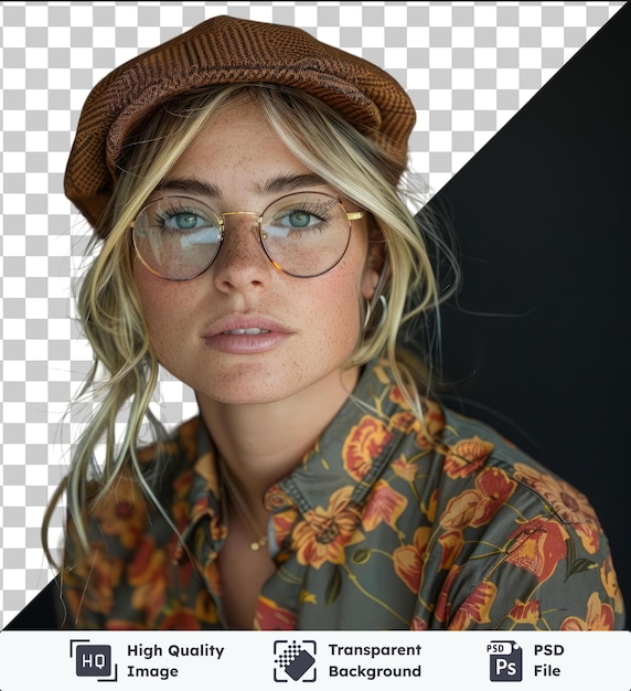 Psd with transparent style blonde woman in 80s glasses and hat