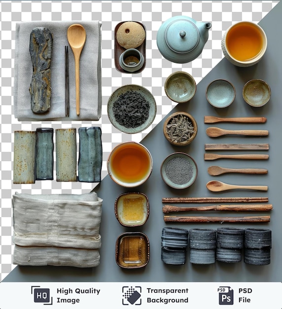 PSD psd con set di collezione di tè trasparente con cucchiai di legno una ciotola bianca e una ciocca marrone esposte su un tavolo bianco e blu