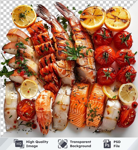 PSD psd with transparent various fresh and grilled fish dishes on white plate with herbs