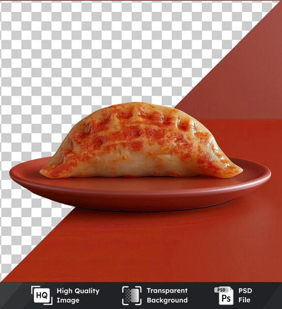 PSD psd with transparent vegetable gyoza on a red plate placed on a red table against a red and orange wall