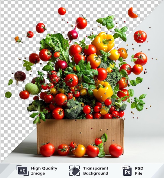 Psd with transparent vegetables falling mockup into a box