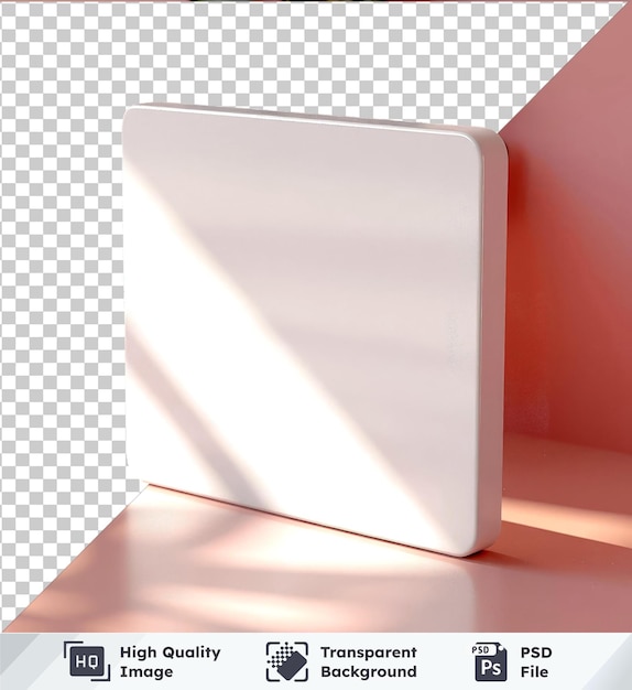 PSD psd con modello di carta di credito bianco trasparente rendering 3d di un portatile bianco su uno sfondo trasparente contro una parete rosa con una foglia verde in primo piano e un'ombra proiettata sul